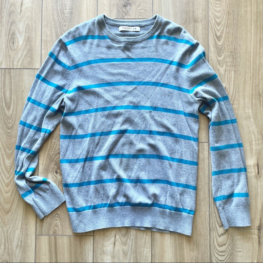 Old Navy Men’s Gray and Turquoise Striped Crewneck Sweater